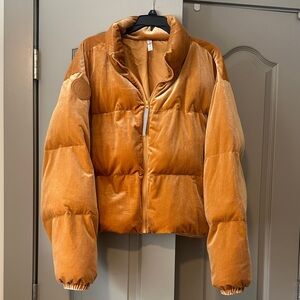 Fabletics Velvet Puffer Jacket in Rich Orange